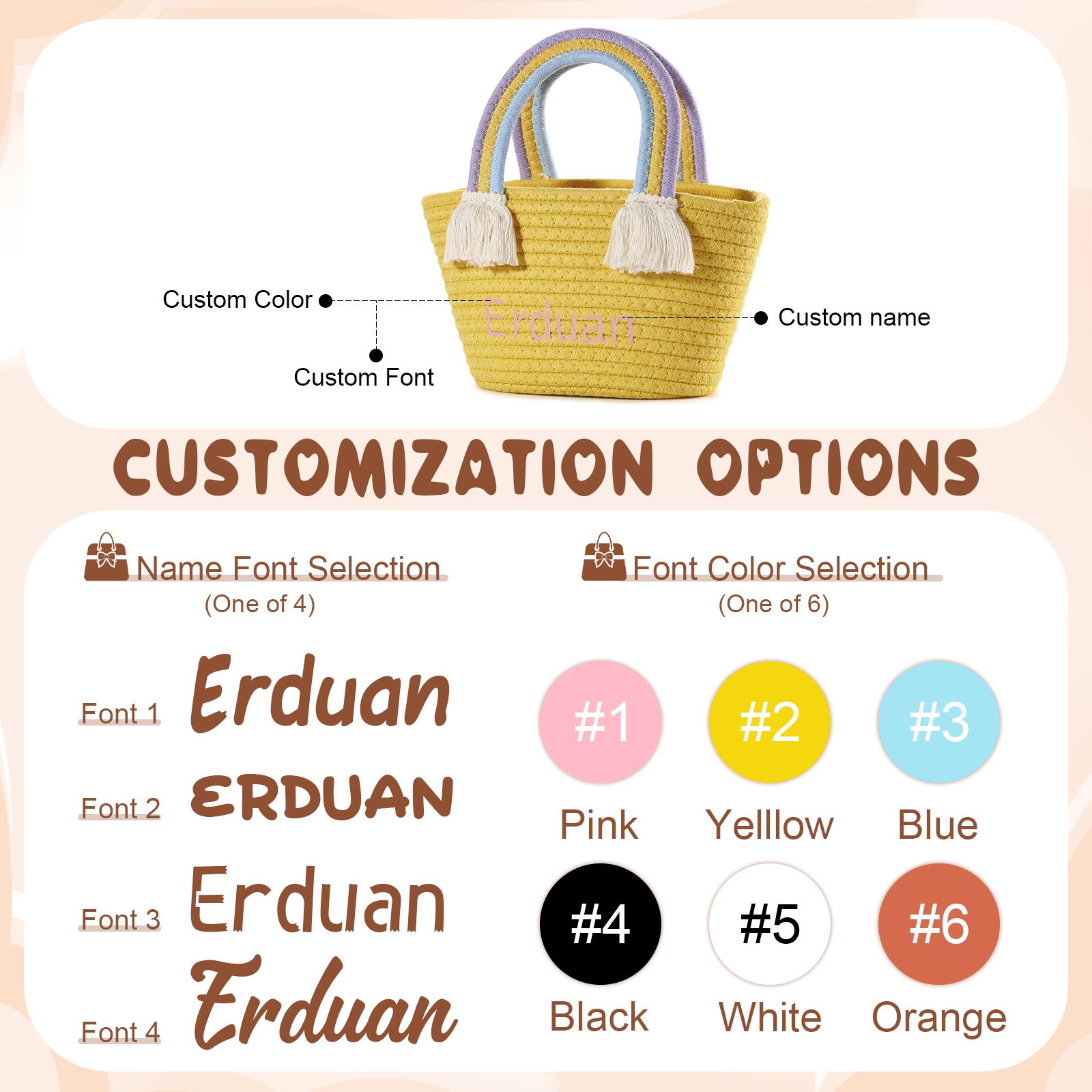 Personalized Name Handbag Cute Pink Pastel Rainbow Basket Rope Bag Kids Rainbow Purses Gift for Kids