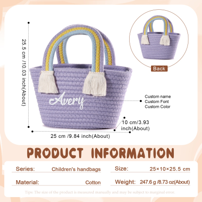 Personalized Name Handbag Cute Pink Pastel Rainbow Basket Rope Bag Kids Rainbow Purses Gift for Kids