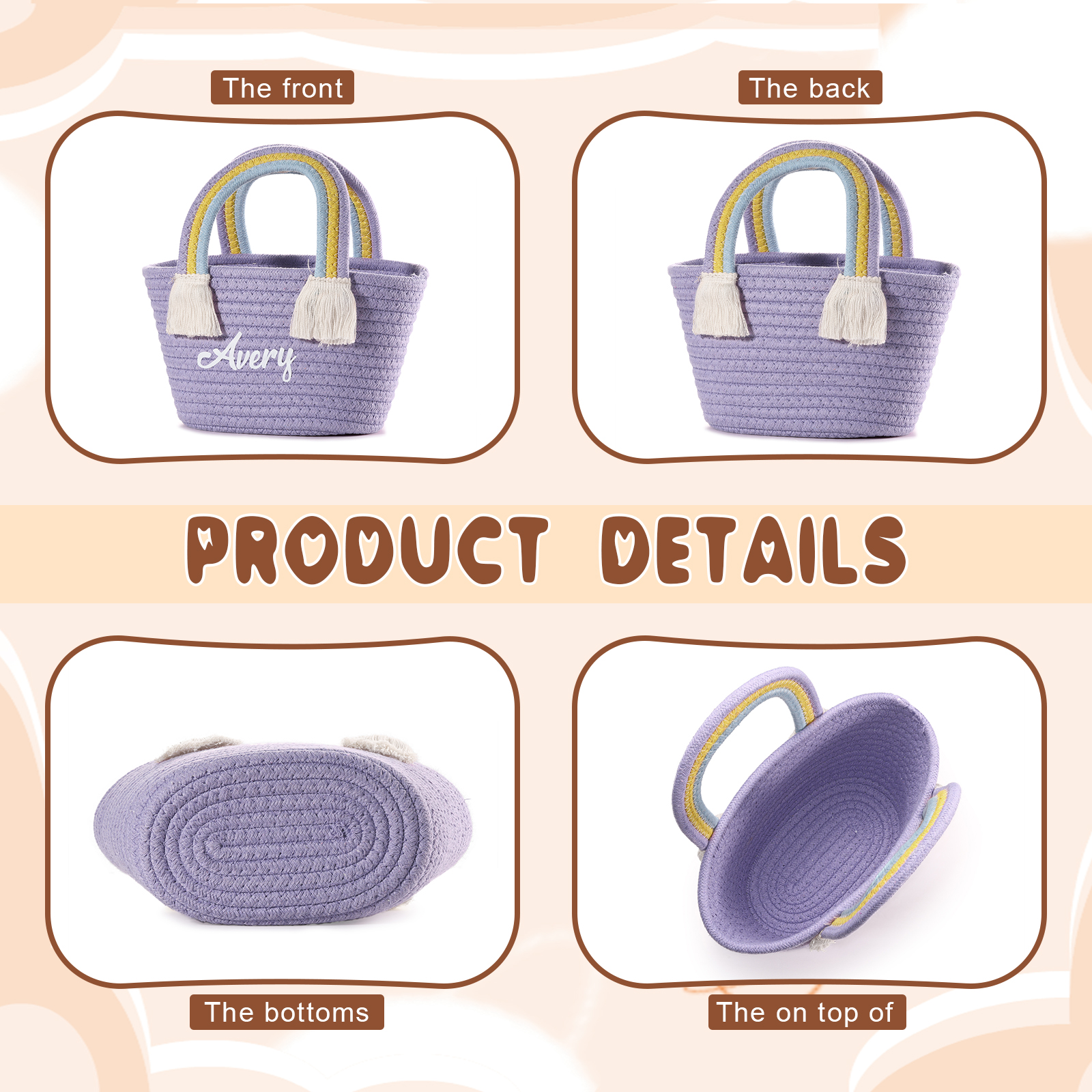 Personalized Name Handbag Cute Pink Pastel Rainbow Basket Rope Bag Kids Rainbow Purses Gift for Kids