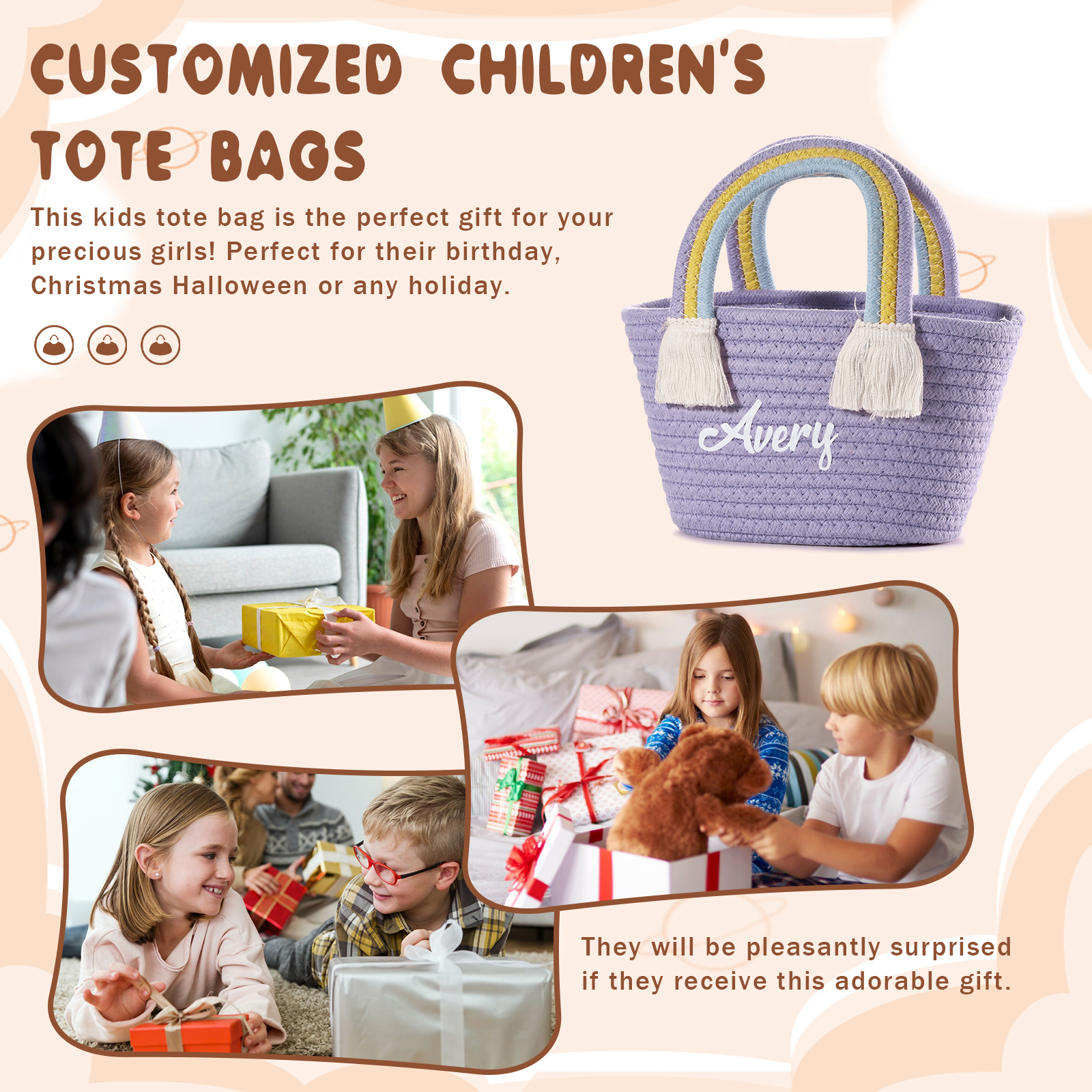 Personalized Name Handbag Cute Pink Pastel Rainbow Basket Rope Bag Kids Rainbow Purses Gift for Kids