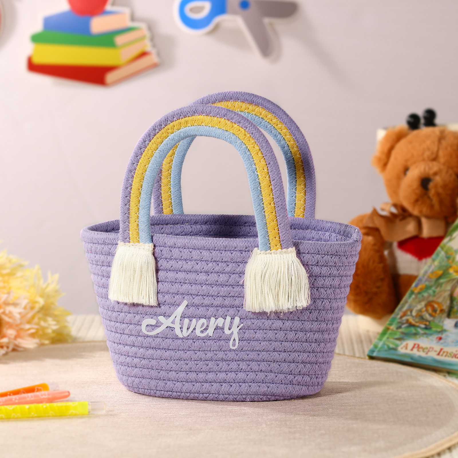 Personalized Name Handbag Cute Pink Pastel Rainbow Basket Rope Bag Kids Rainbow Purses Gift for Kids