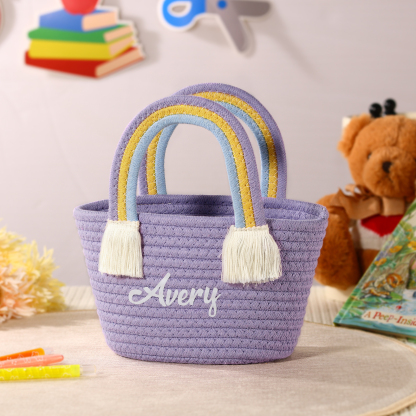 Personalized Name Handbag Cute Pink Pastel Rainbow Basket Rope Bag Kids Rainbow Purses Gift for Kids