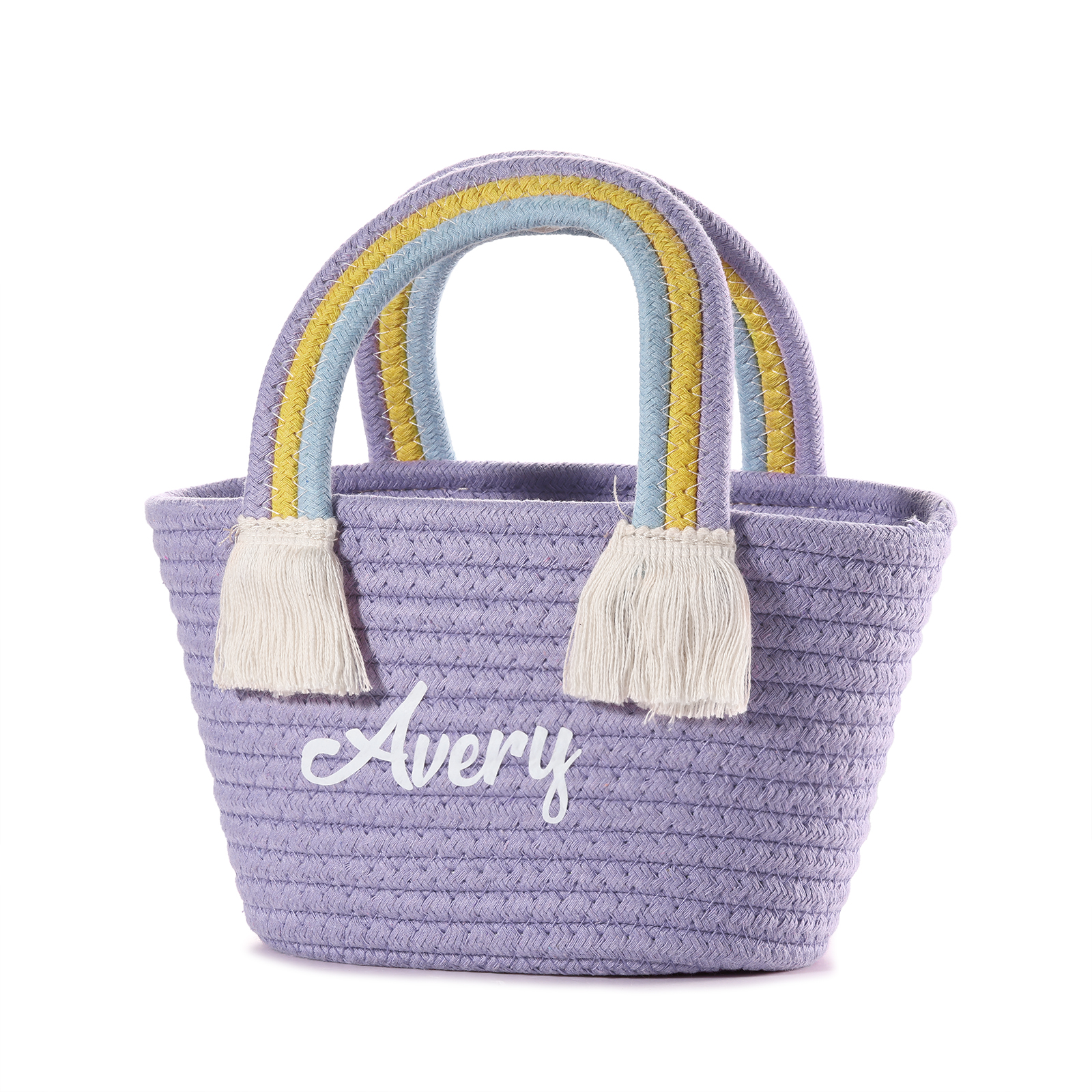 Personalized Name Handbag Cute Pink Pastel Rainbow Basket Rope Bag Kids Rainbow Purses Gift for Kids