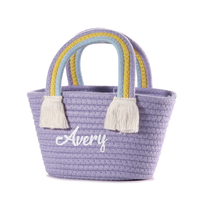 Personalized Name Handbag Cute Pink Pastel Rainbow Basket Rope Bag Kids Rainbow Purses Gift for Kids