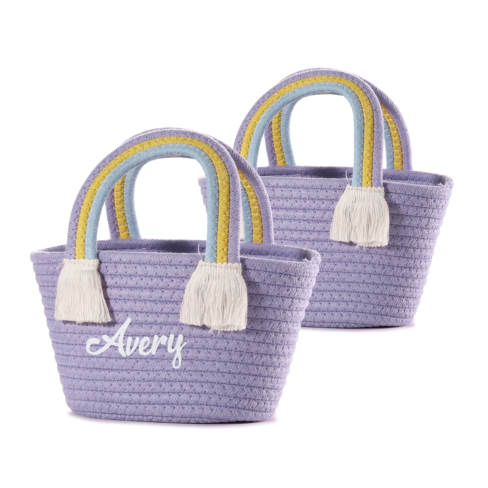 Personalized Name Handbag Cute Pink Pastel Rainbow Basket Rope Bag Kids Rainbow Purses Gift for Kids