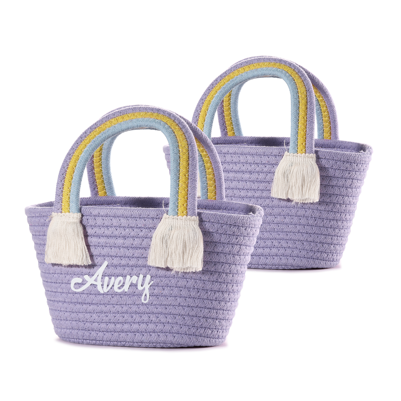 Personalized Name Handbag Cute Pink Pastel Rainbow Basket Rope Bag Kids Rainbow Purses Gift for Kids