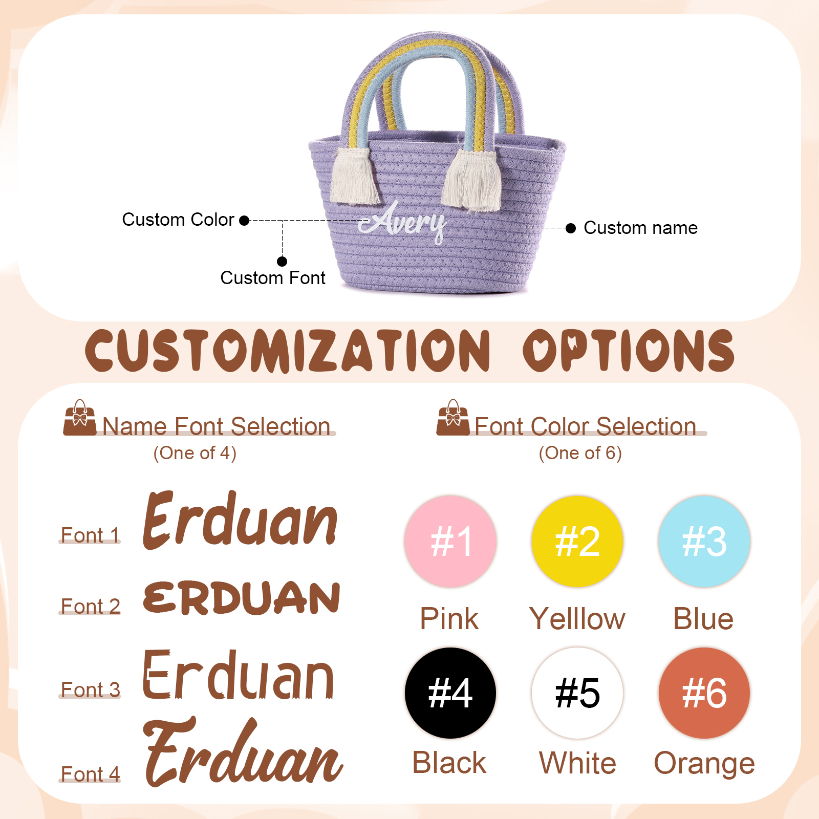 Personalized Name Handbag Cute Pink Pastel Rainbow Basket Rope Bag Kids Rainbow Purses Gift for Kids