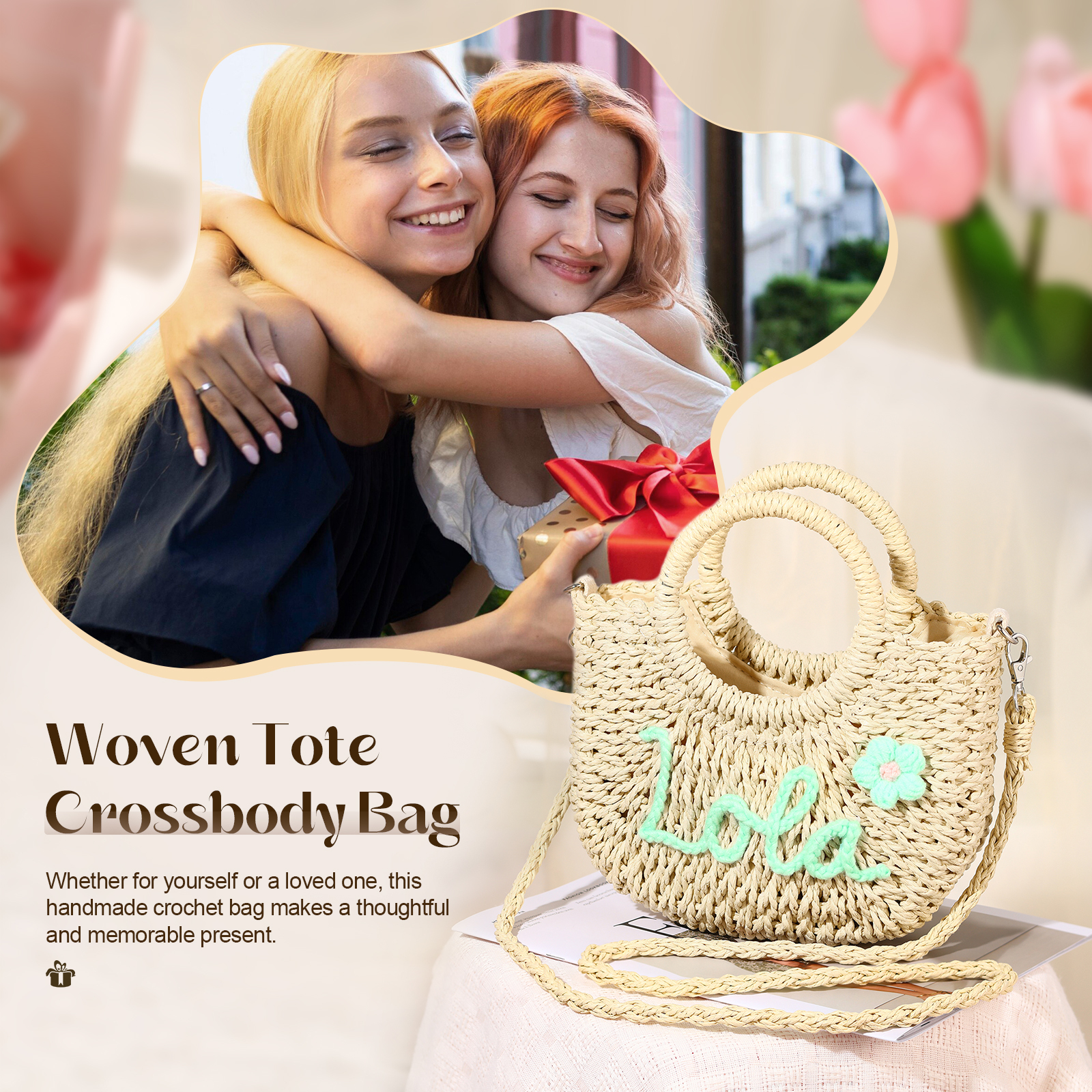 Personalized Name Straw Bags Custom Womens Straw Crossbody Bag Beach Handbag Gift for Her