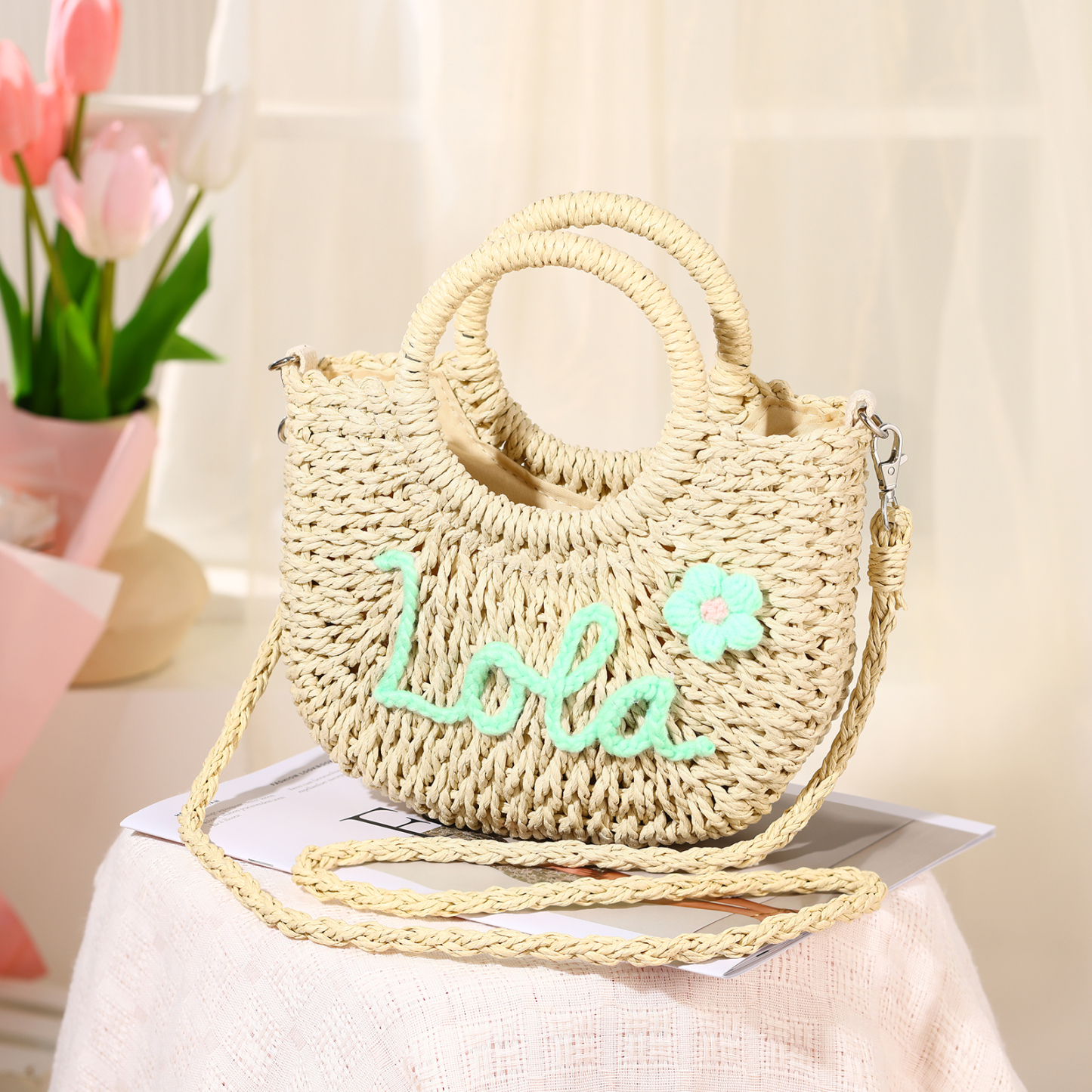 Personalized Name Straw Bags Custom Womens Straw Crossbody Bag Beach Handbag Gift for Her