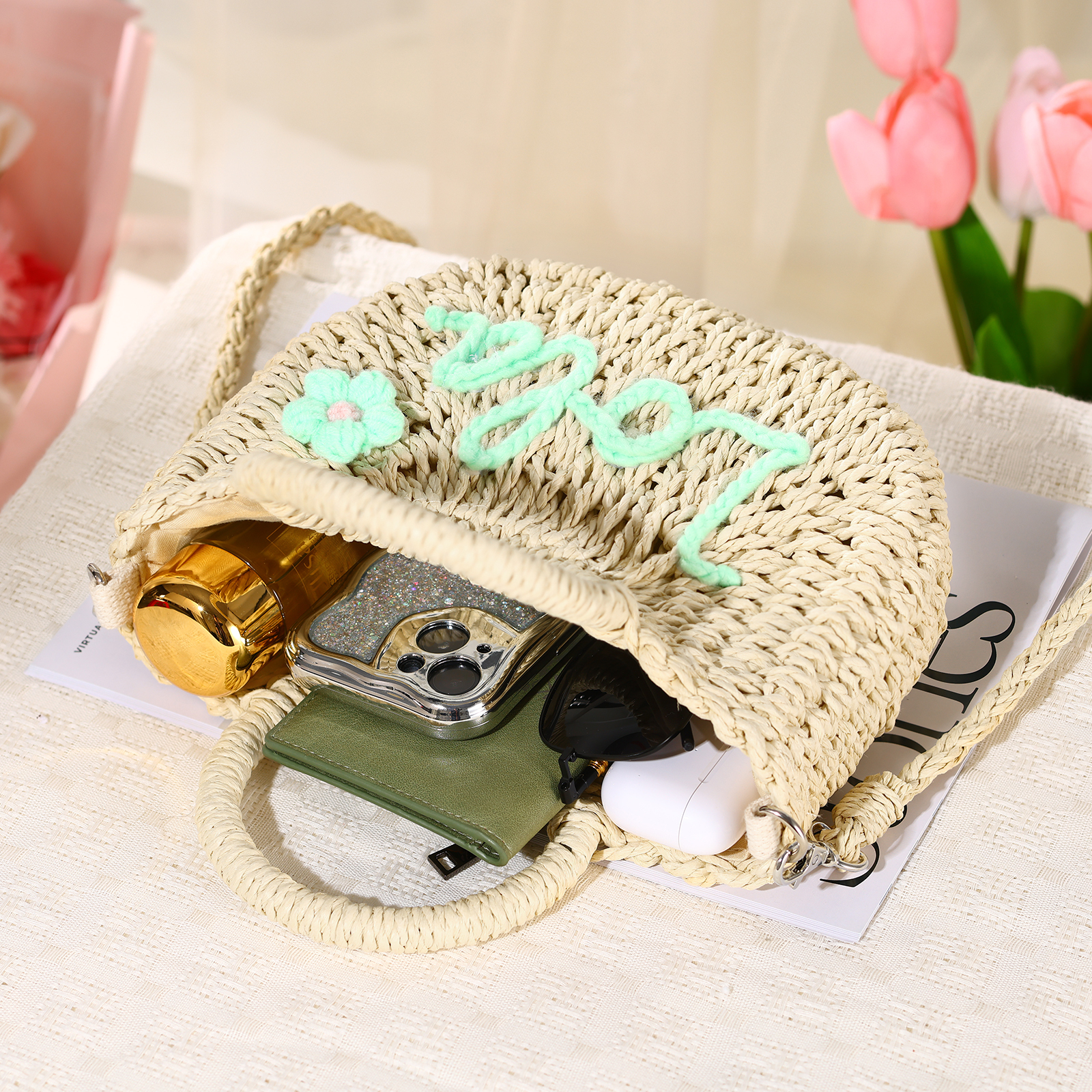 Personalized Name Straw Bags Custom Womens Straw Crossbody Bag Beach Handbag Gift for Her