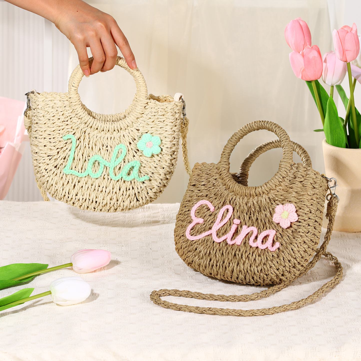 Personalized Name Straw Bags Custom Womens Straw Crossbody Bag Beach Handbag Gift for Her