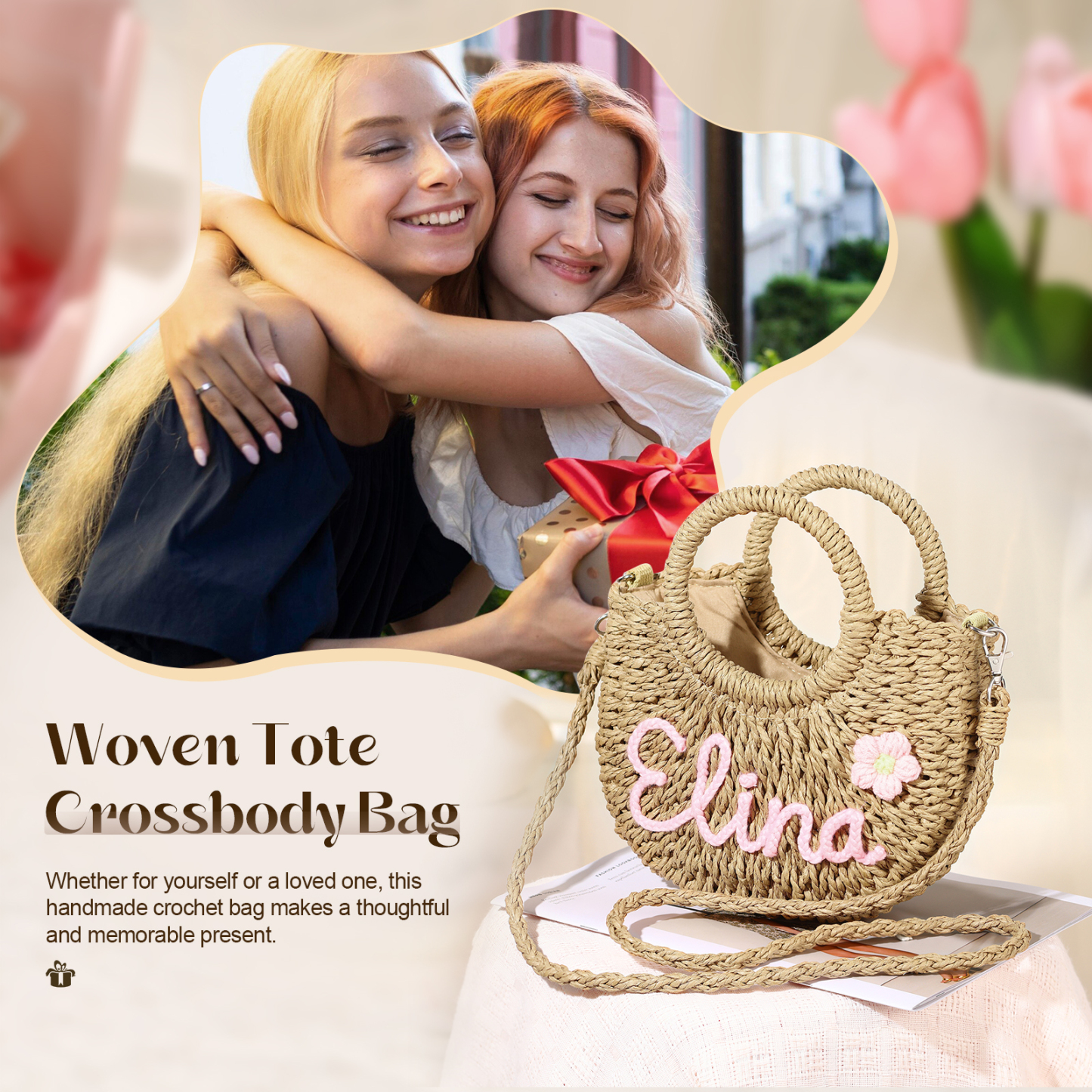 Personalized Name Straw Bags Custom Womens Straw Crossbody Bag Beach Handbag Gift for Her