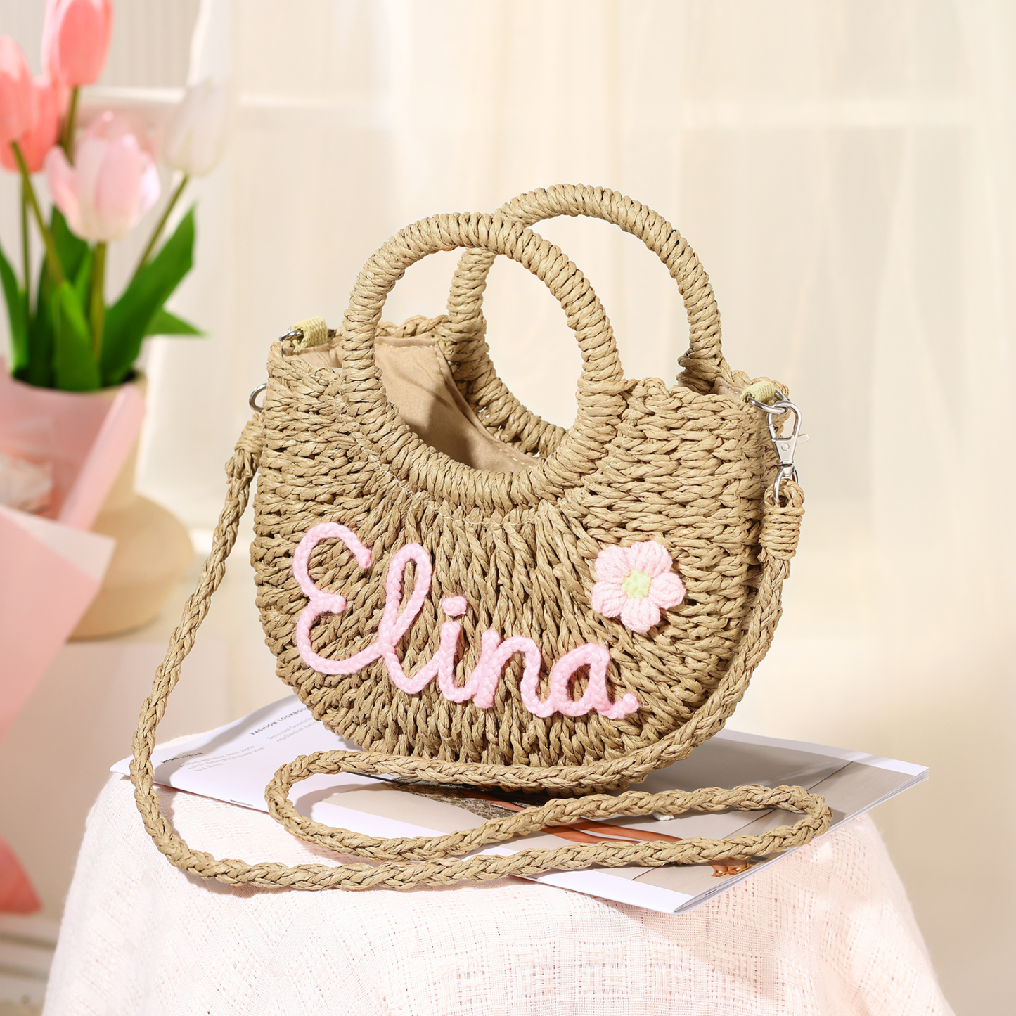 Personalized Name Straw Bags Custom Womens Straw Crossbody Bag Beach Handbag Gift for Her