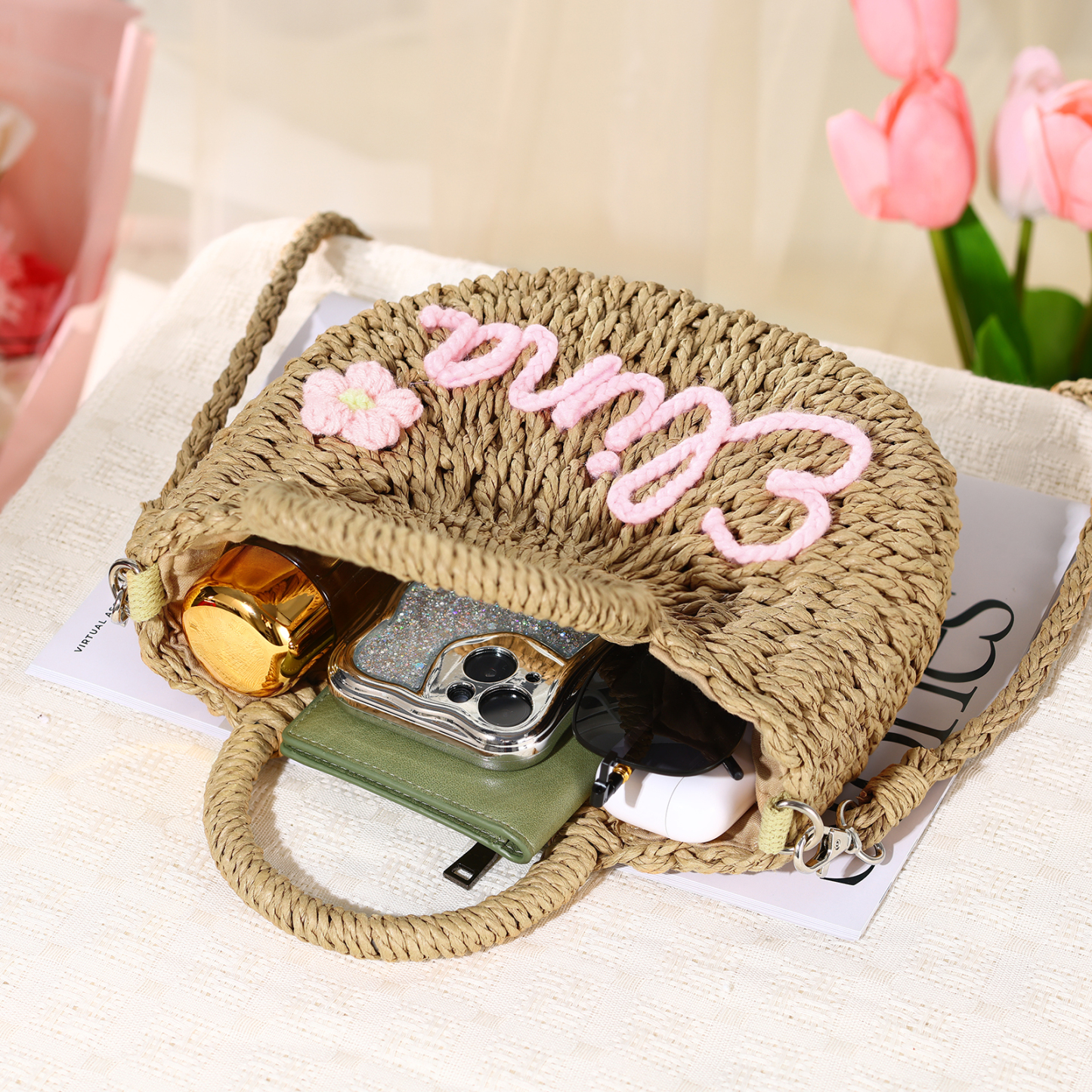 Personalized Name Straw Bags Custom Womens Straw Crossbody Bag Beach Handbag Gift for Her