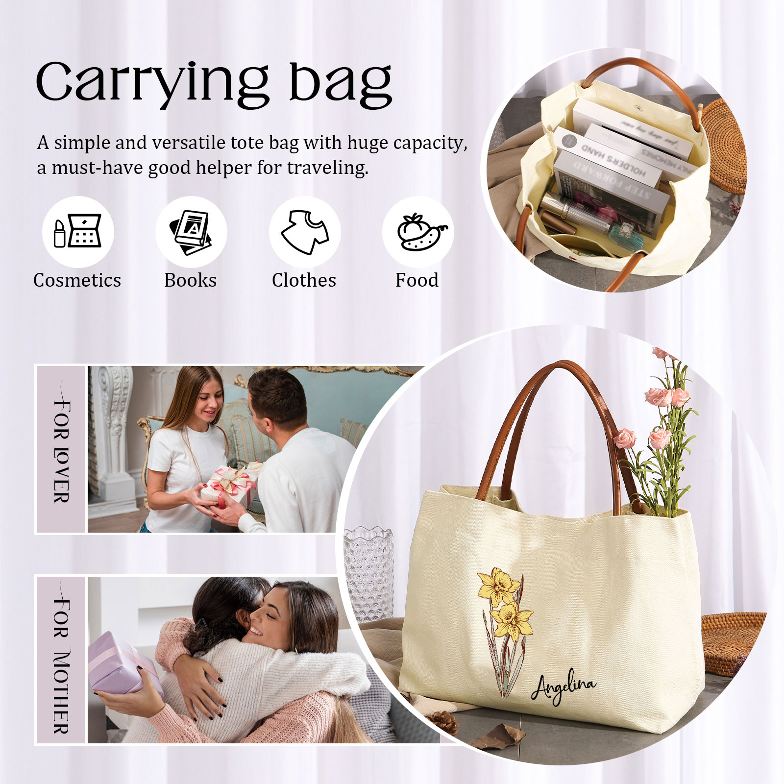 Personalized Tote Bag Custom Name & Birth Flower Stylish Gift for Her | Lorajewel