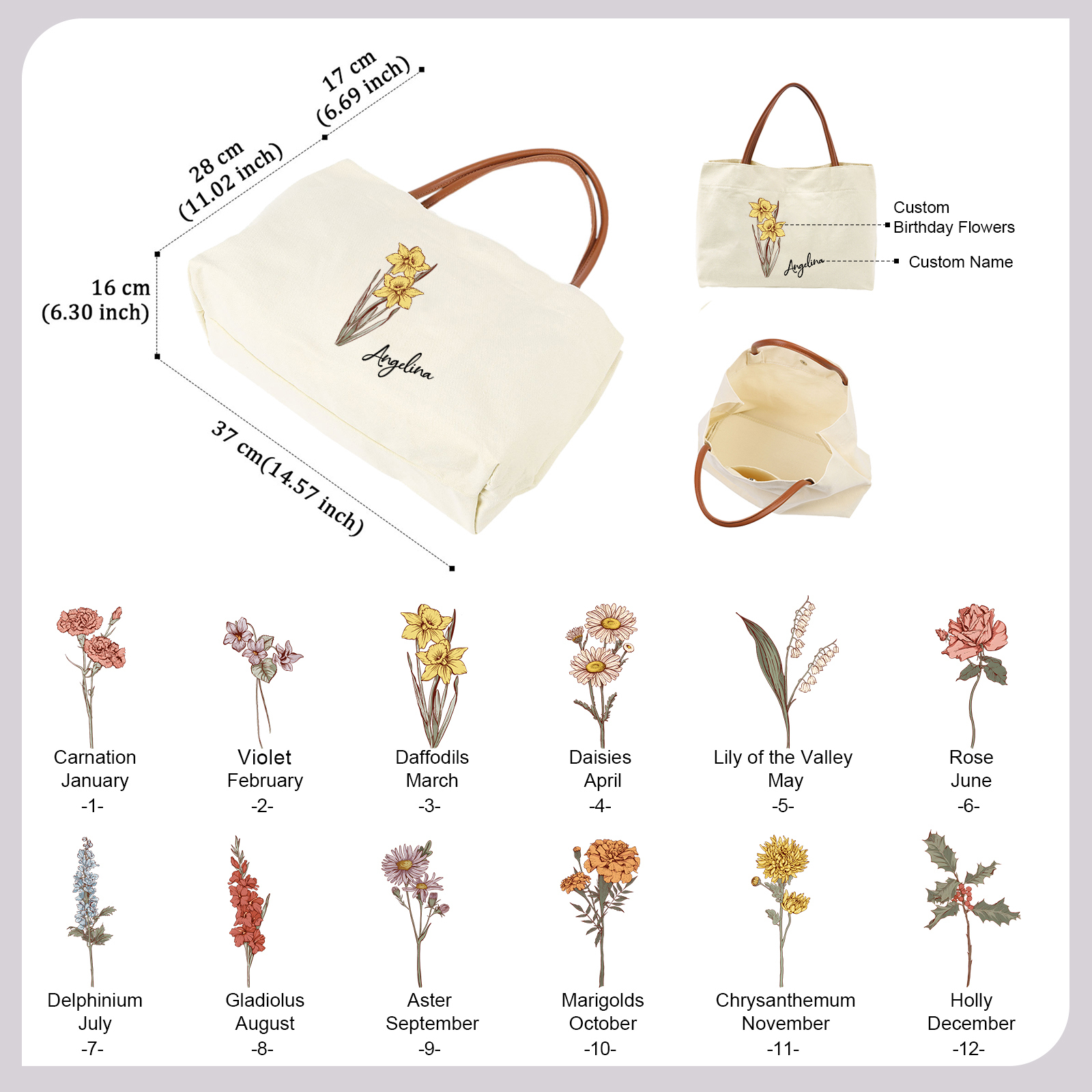Personalized Tote Bag Custom Name & Birth Flower Stylish Gift for Her | Lorajewel