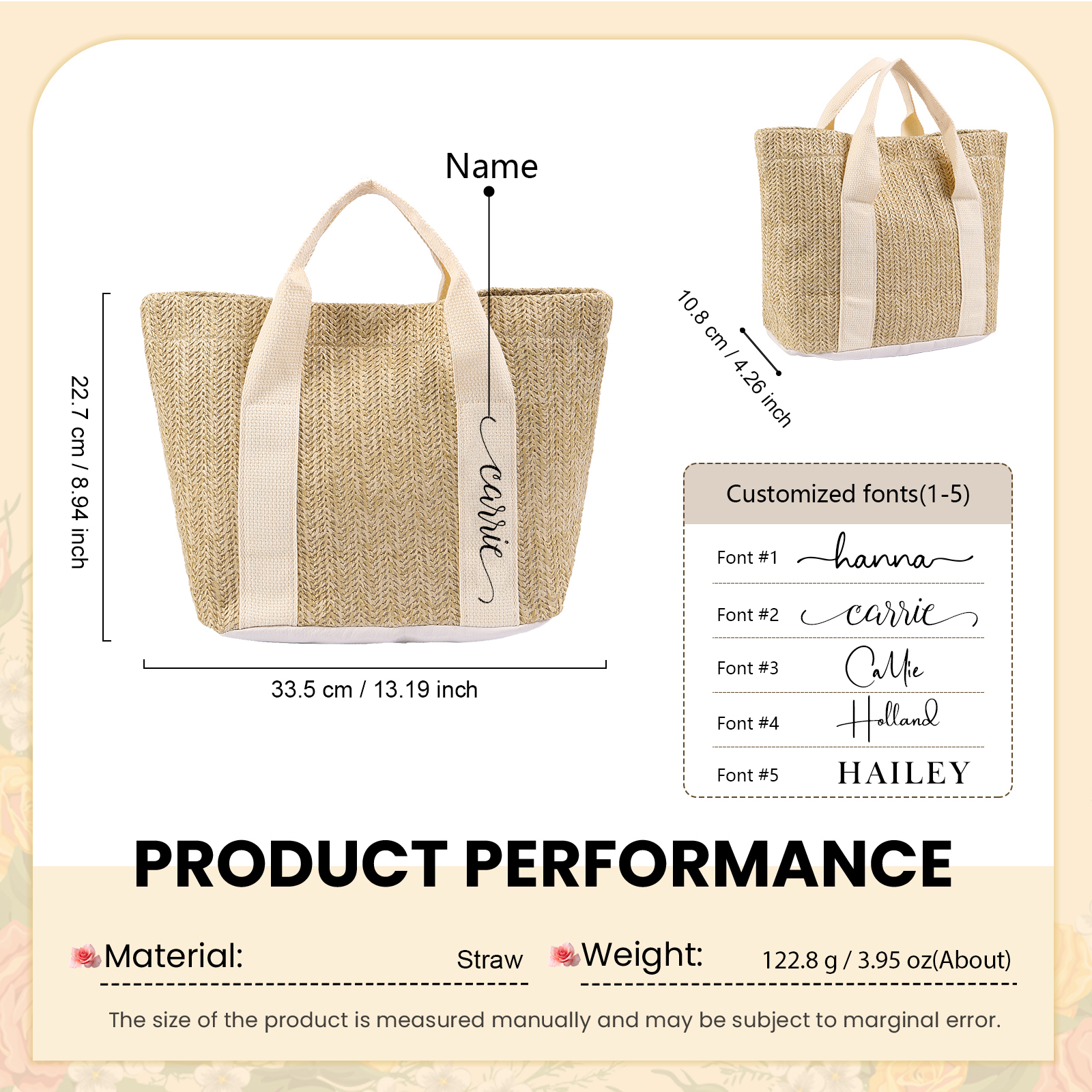 Personalized Straw Tote Bag with Custom Name – Choose from 5 Fonts & 3 Colors – Custom Gift for Mom, Teacher, Friends