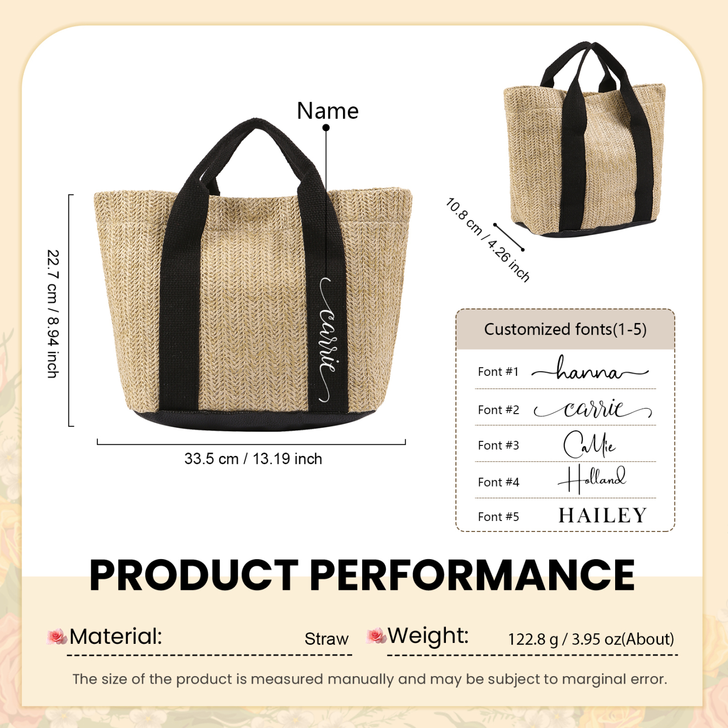 Personalized Straw Tote Bag with Custom Name – Choose from 5 Fonts & 3 Colors – Custom Gift for Mom, Teacher, Friends