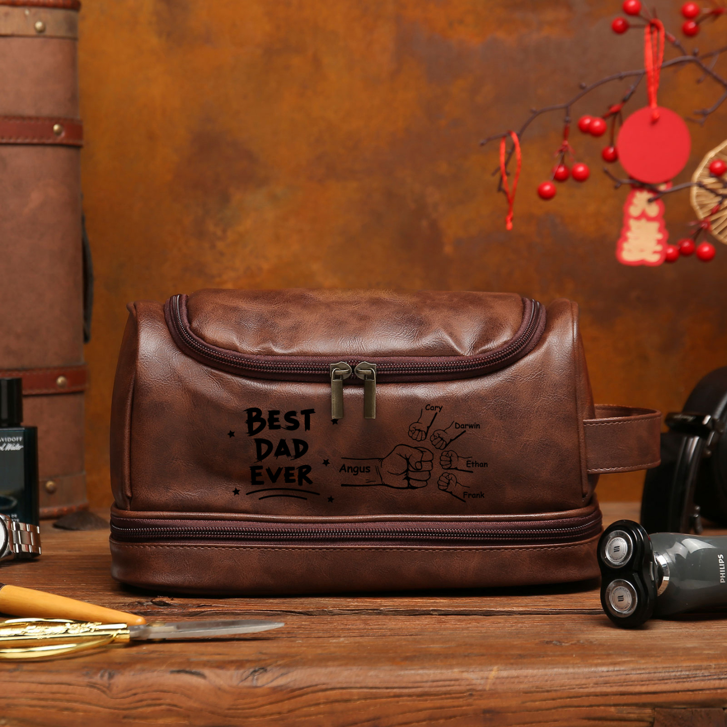 Personalized Toiletry Bag for Dad with 5 Names - Custom Bag for Him | Lorajewel