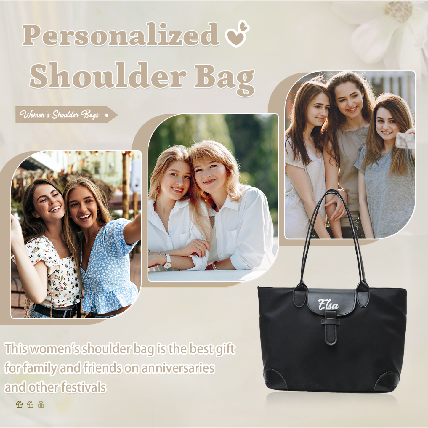 Personalized Nylon Shoulder Bag with Custom Name – Gift for Women | Lorajewel