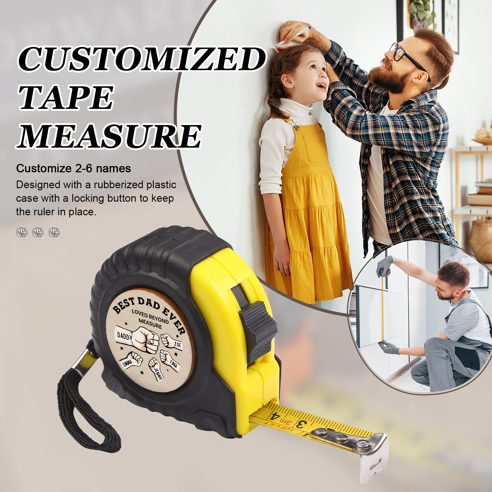 5 Names Personalized Tape Measure – Custom Father's Day Gift for Dad | Lorajewel