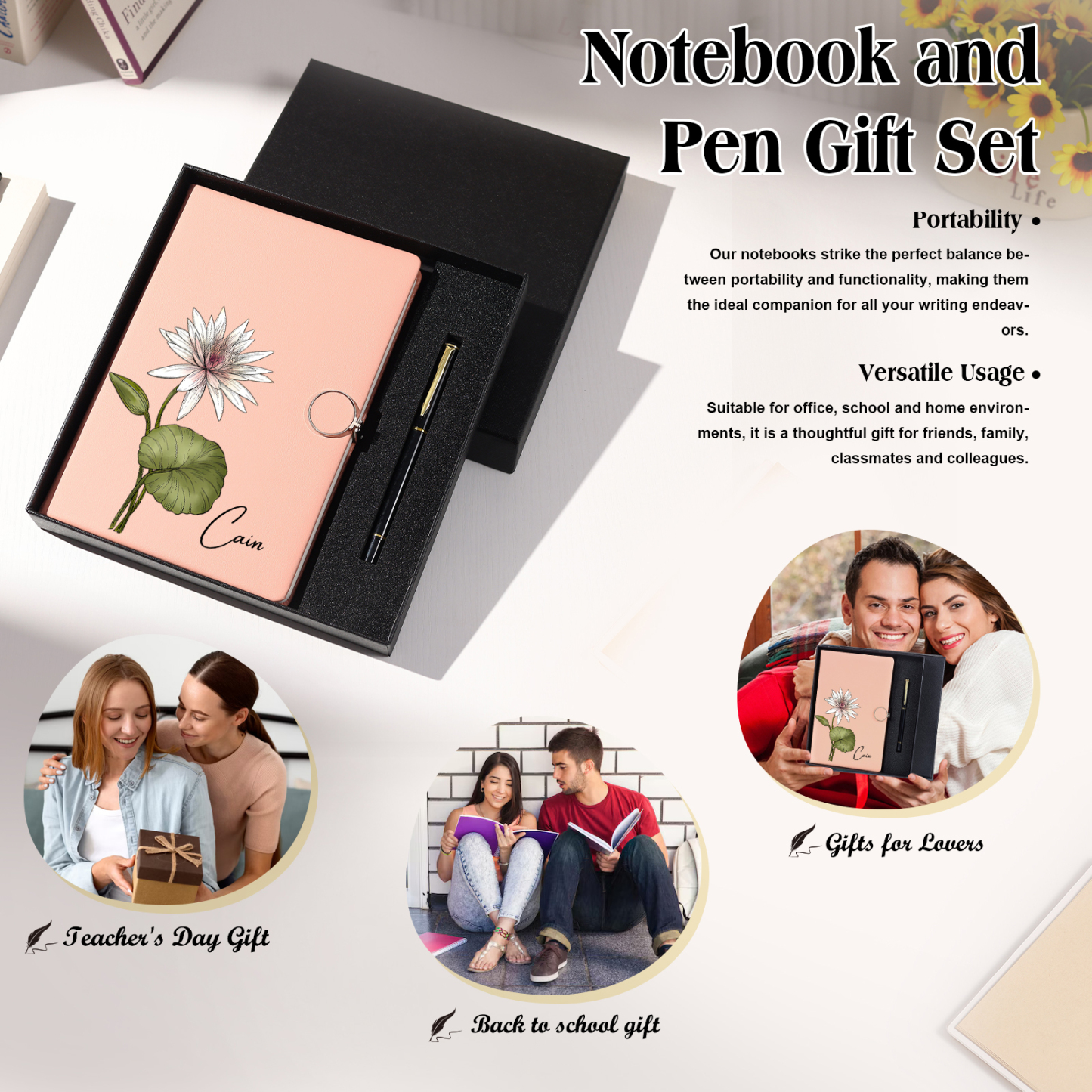 Personalized A5 Notebook Gift Set with Name and Birth Flower – Personal Stationery Present for student | Jessemade