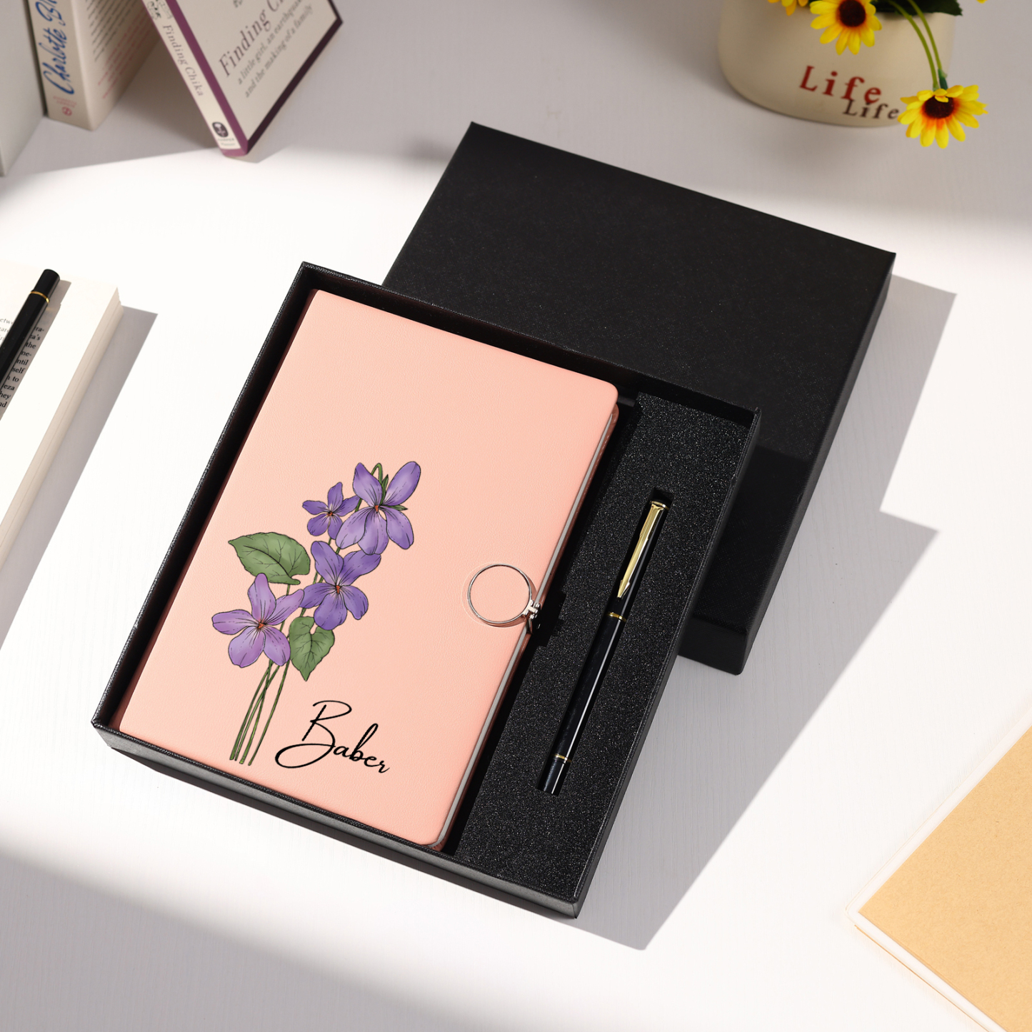 Personalized A5 Notebook Gift Set with Name and Birth Flower – Personal Stationery Present for student | Jessemade