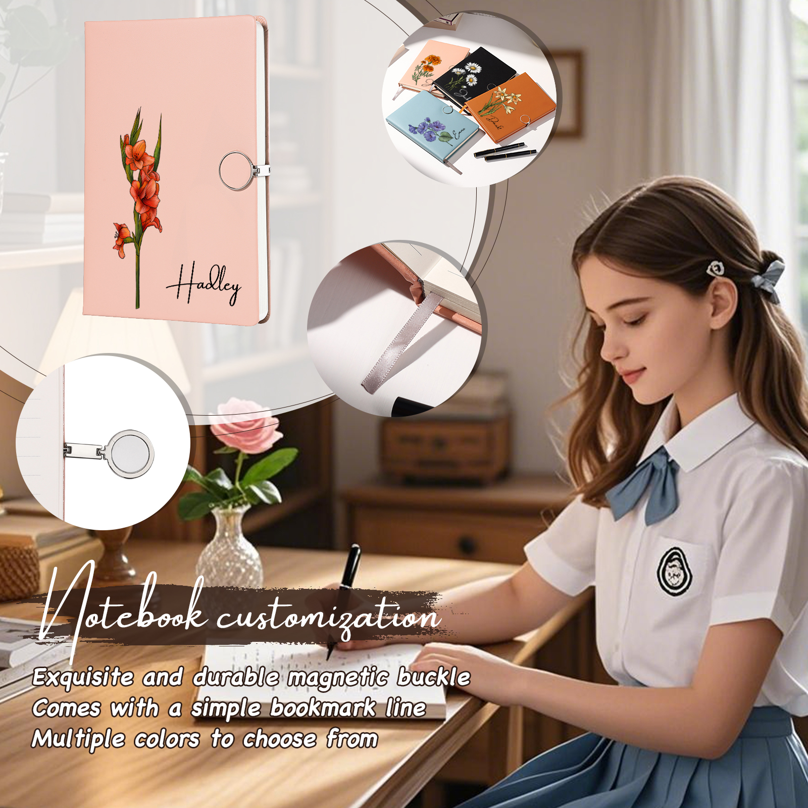 Personalized A5 Notebook Gift Set with Name and Birth Flower – Personal Stationery Present for student | Jessemade