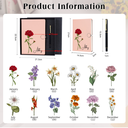 Personalized A5 Notebook Gift Set with Name and Birth Flower – Personal Stationery Present for student | Jessemade