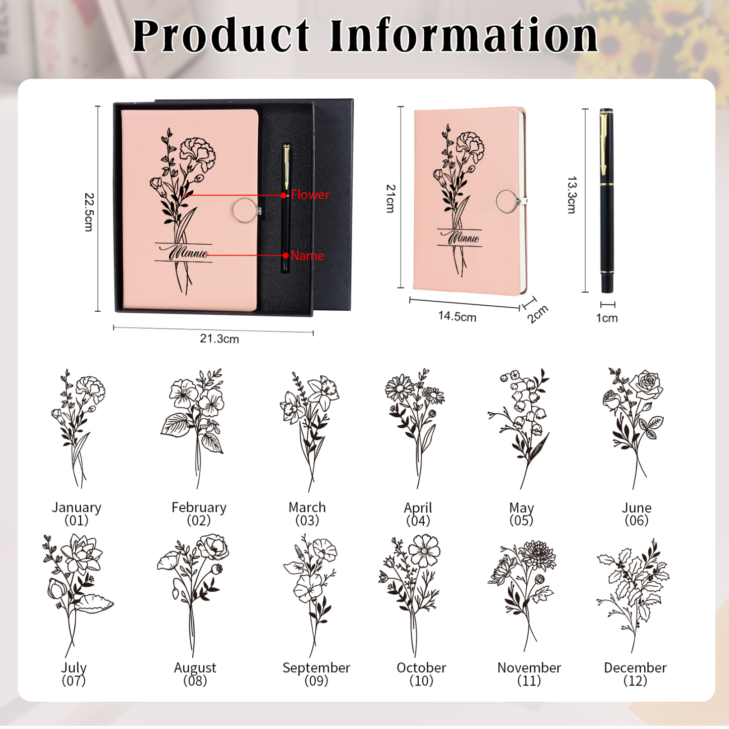 Personalized Birth Flower Notebook Gift Set with Name – Custom A5 Stationery Present for Students | Jessemade