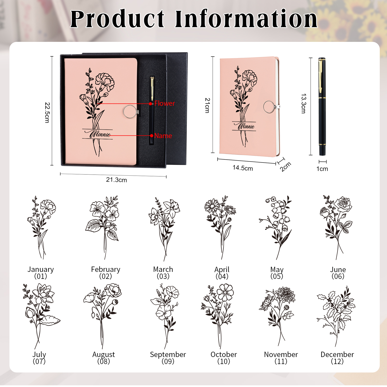Personalized Birth Flower Notebook Gift Set with Name – Custom A5 Stationery Present for Students | Jessemade