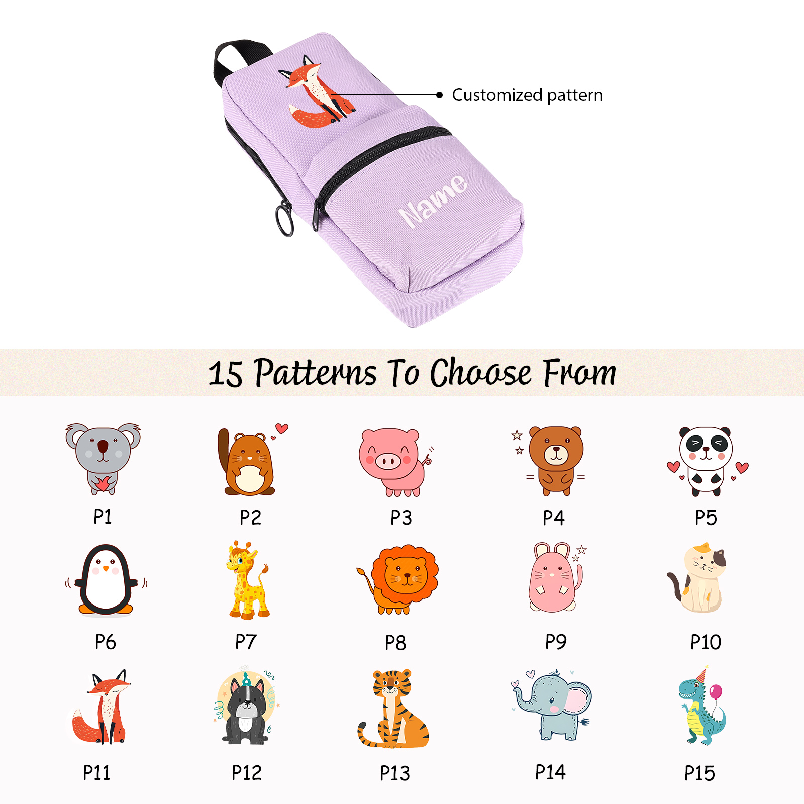 Personalized Animal Pencil Case with Custom Name & Pattern for Kids | Lorajewel