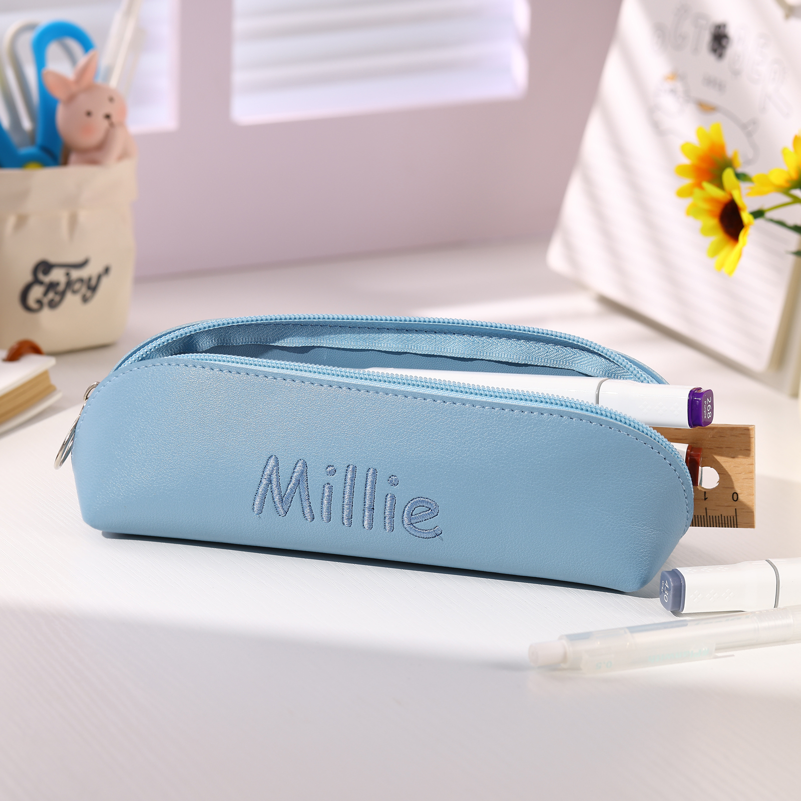 1 Name Personalized Pencil Case for Girls & Boys – PU Leather with Custom Embroidery | Lorajewel