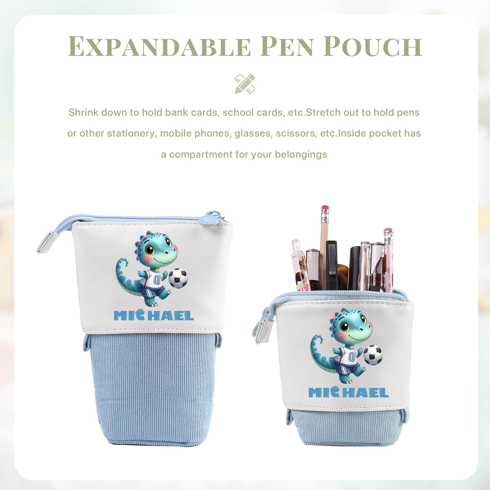 Personalized Corduroy & PU Leather Dinosaur Pencil Case – Cute Custom Pencil Holder-Back To School Gift For Boys/Girls | Lorajewel