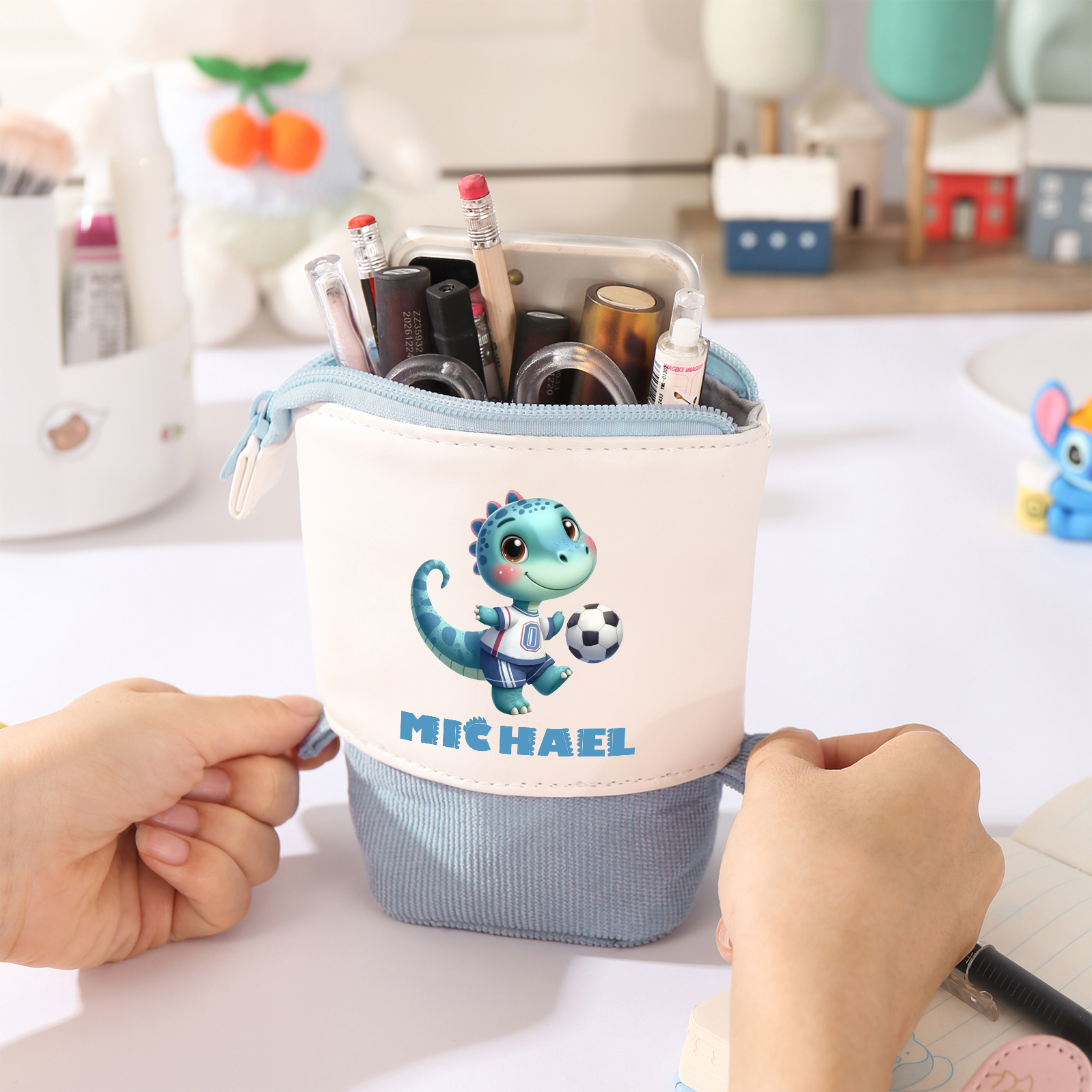 Personalized Corduroy & PU Leather Dinosaur Pencil Case – Cute Custom Pencil Holder-Back To School Gift For Boys/Girls | Lorajewel