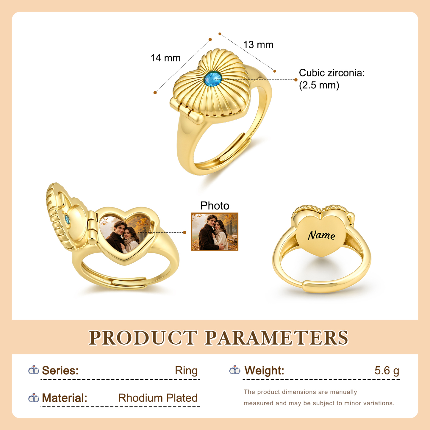Personalized Adjustable Heart Birthstone Photo Locket Ring for Women