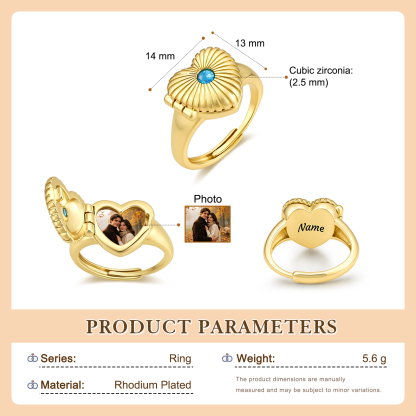 Personalized Adjustable Heart Birthstone Photo Locket Ring for Women