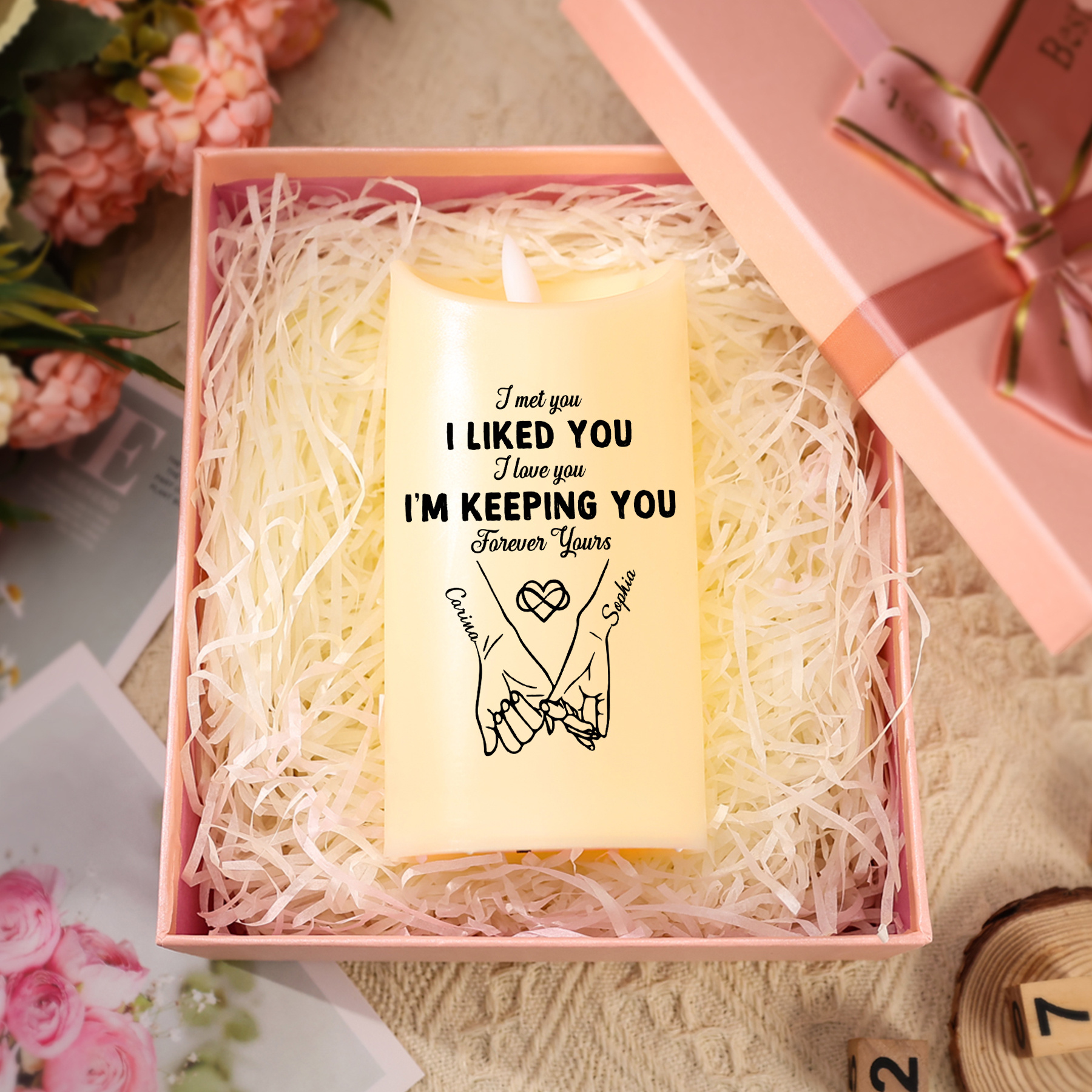 Personalized LED Flameless Candle Custom Name Date Customizable Anniversary Wedding Valentines Day Gift for Girlfriend Wife Husband Couple | Lorajewel