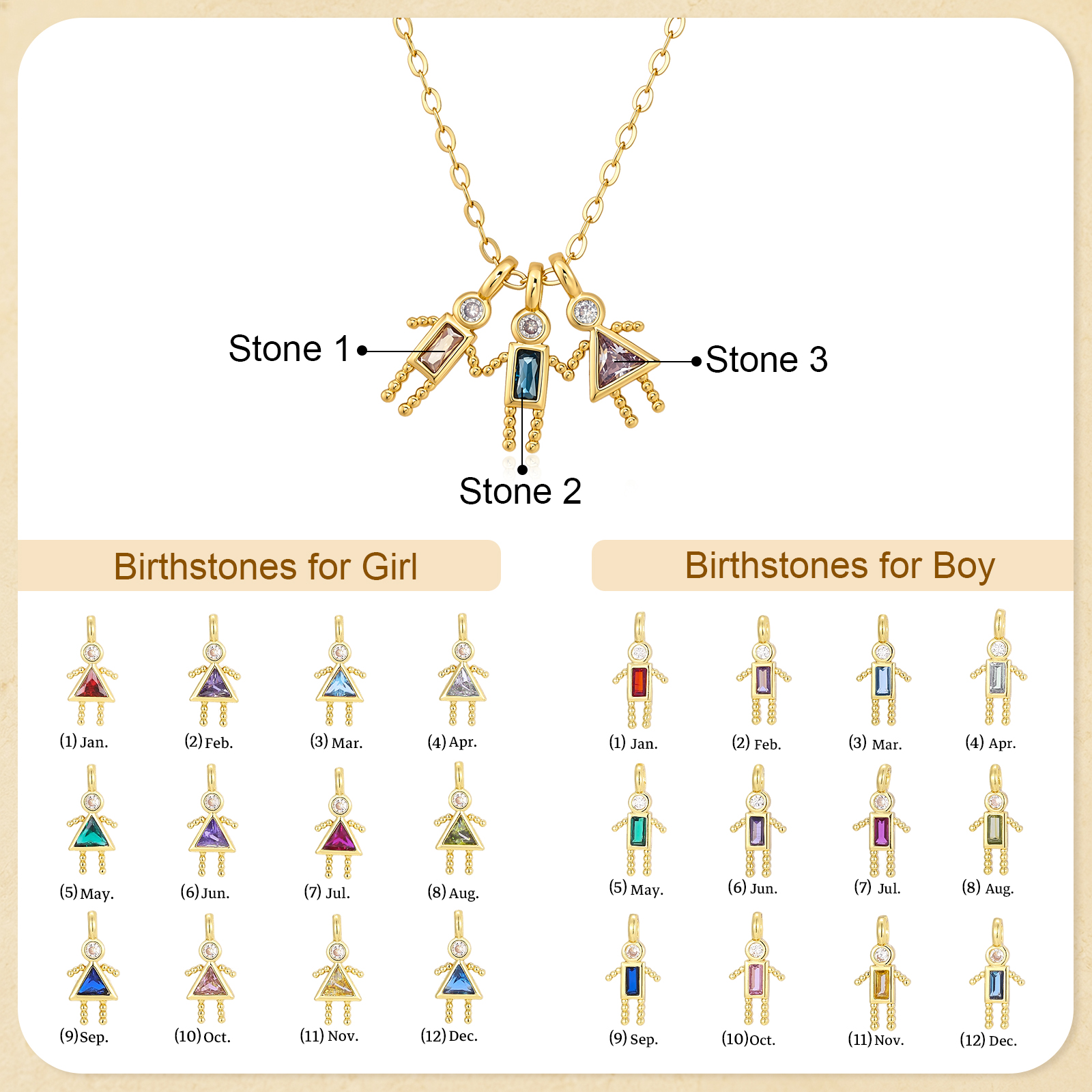 Personalized Family Charm Necklace with Birthstones for Women