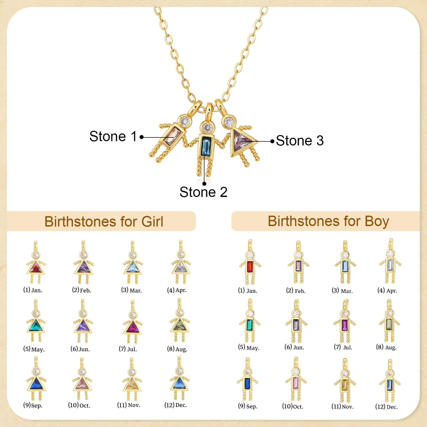 Personalized Family Charm Necklace with Birthstones for Women