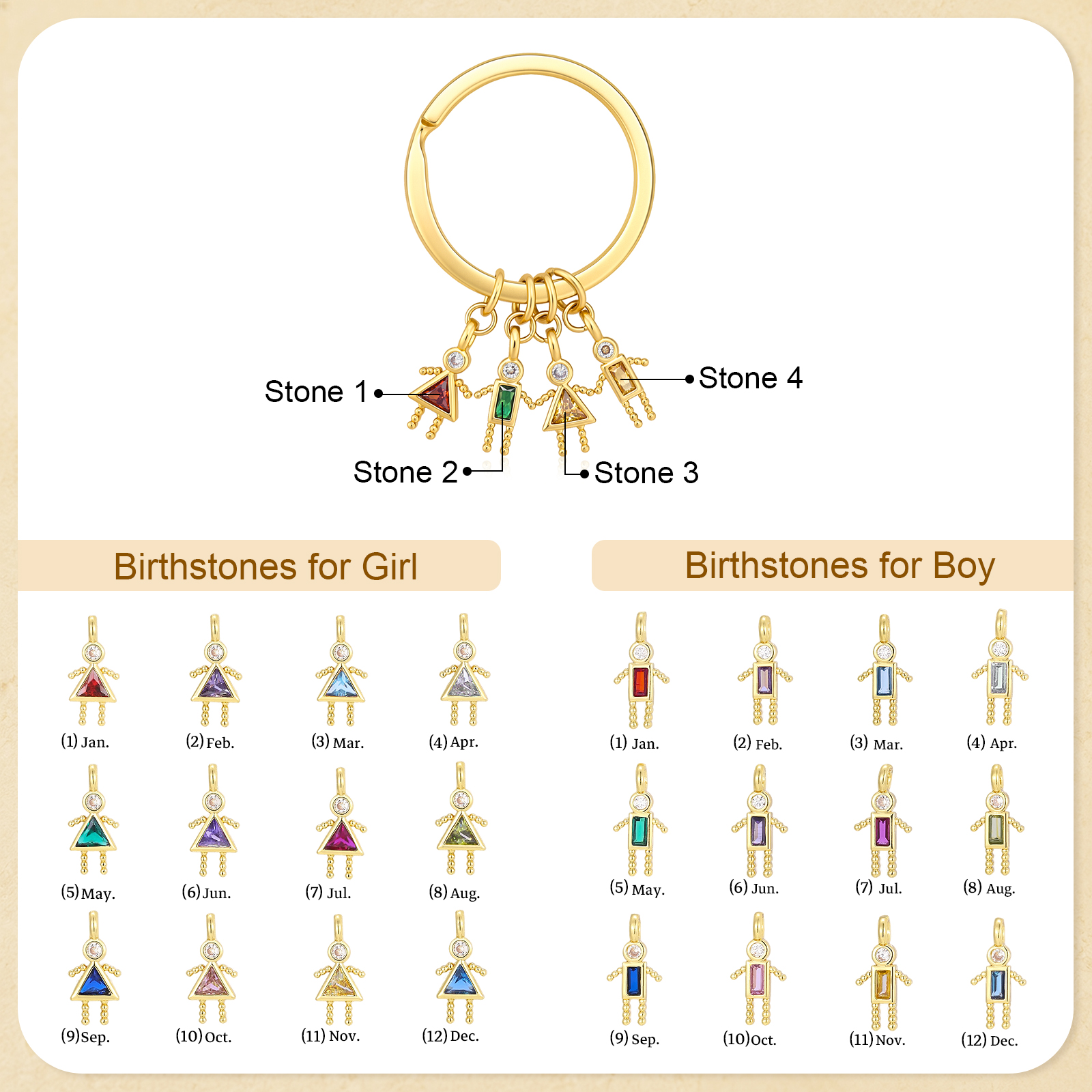 Personalized Keychain with 1–6 Child Charms and Birthstones, Gift for Mom