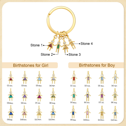 Personalized Keychain with 1–6 Child Charms and Birthstones, Gift for Mom