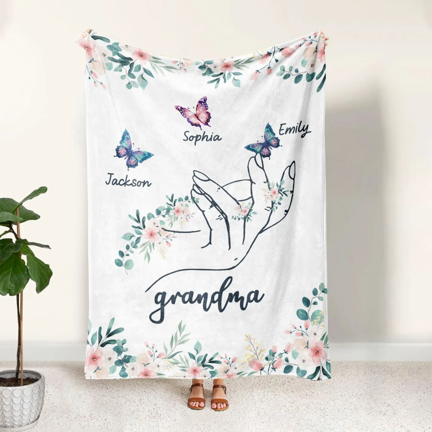 Personalized Butterfly Hand Blanket Custom with 1-8 Names Gift for Grandma Nana or Family 