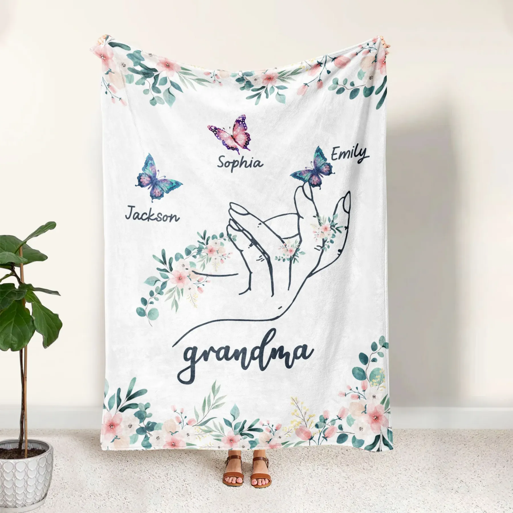Personalized Butterfly Hand Blanket Custom with 1-8 Names Gift for Grandma Nana or Family 