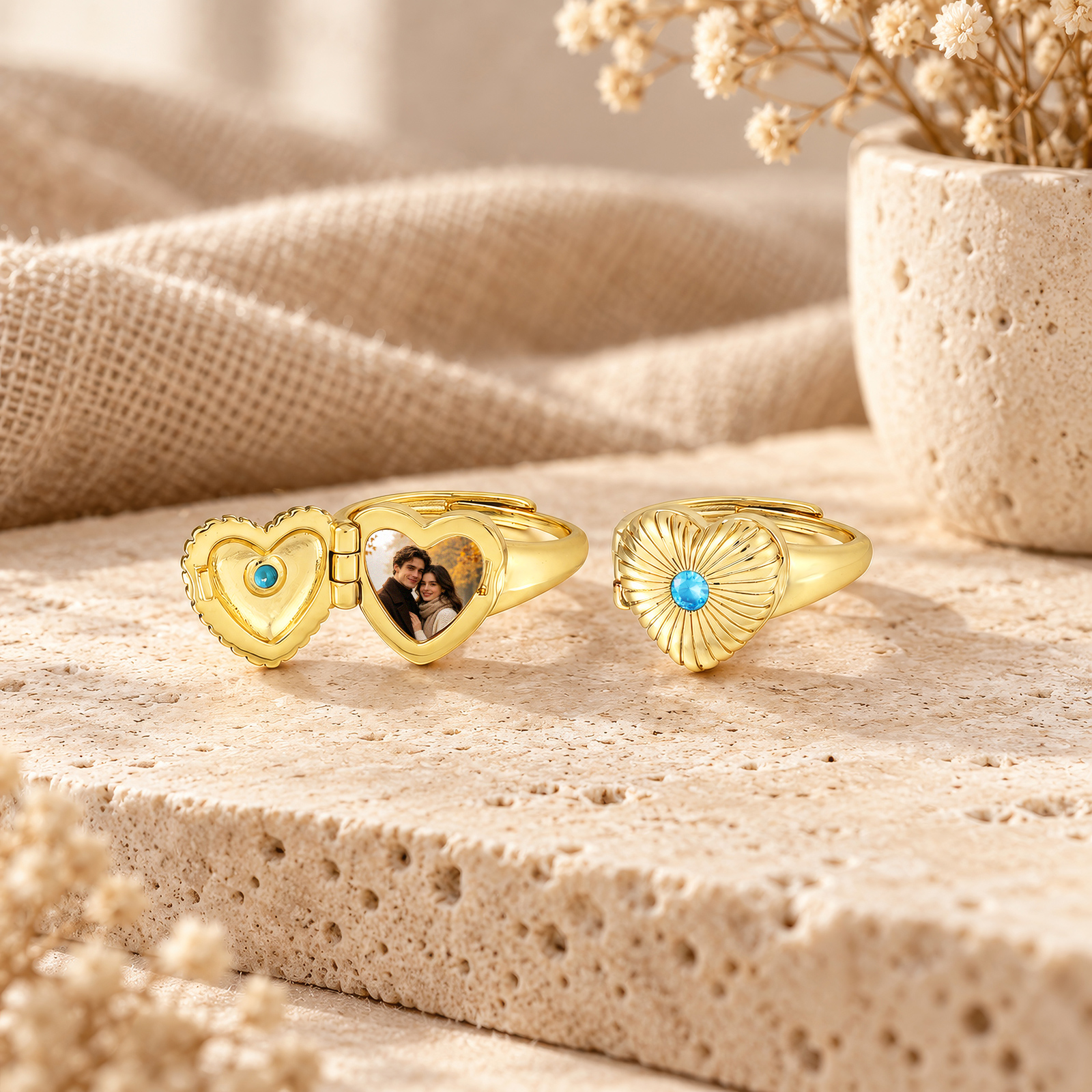 Personalized Adjustable Heart Birthstone Photo Locket Ring for Women