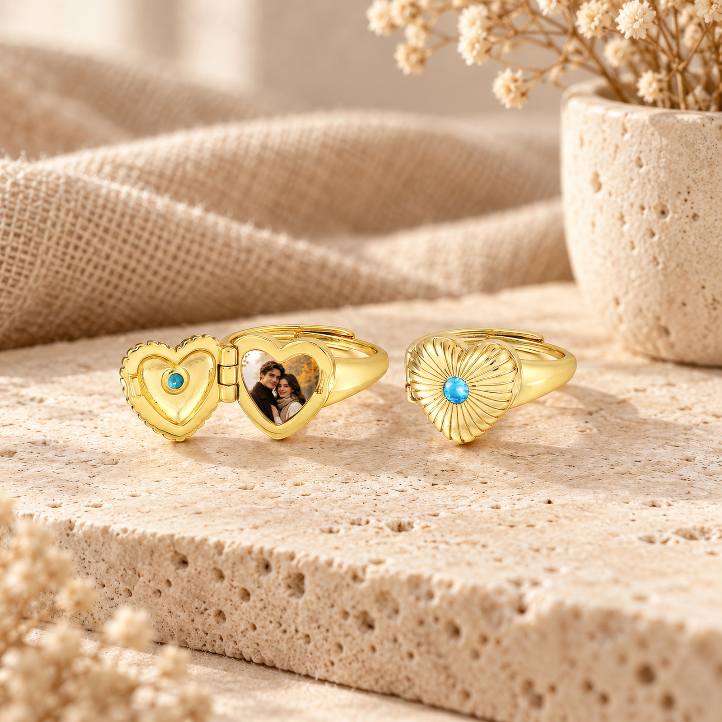 Personalized Adjustable Heart Birthstone Photo Locket Ring for Women