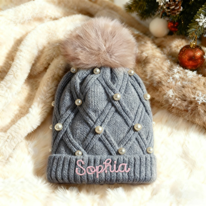 Personalized Name Embroidered Pearl Knit Beanie
