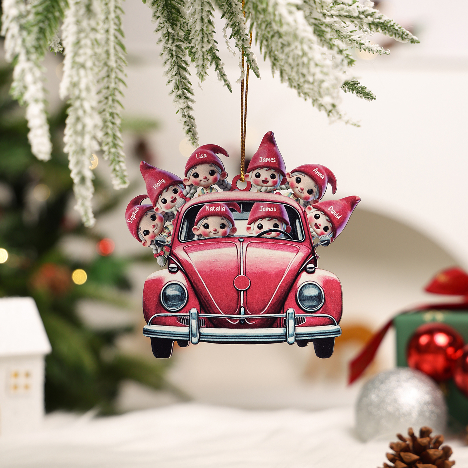 Personalized Red Vintage Car Elf Family Ornament