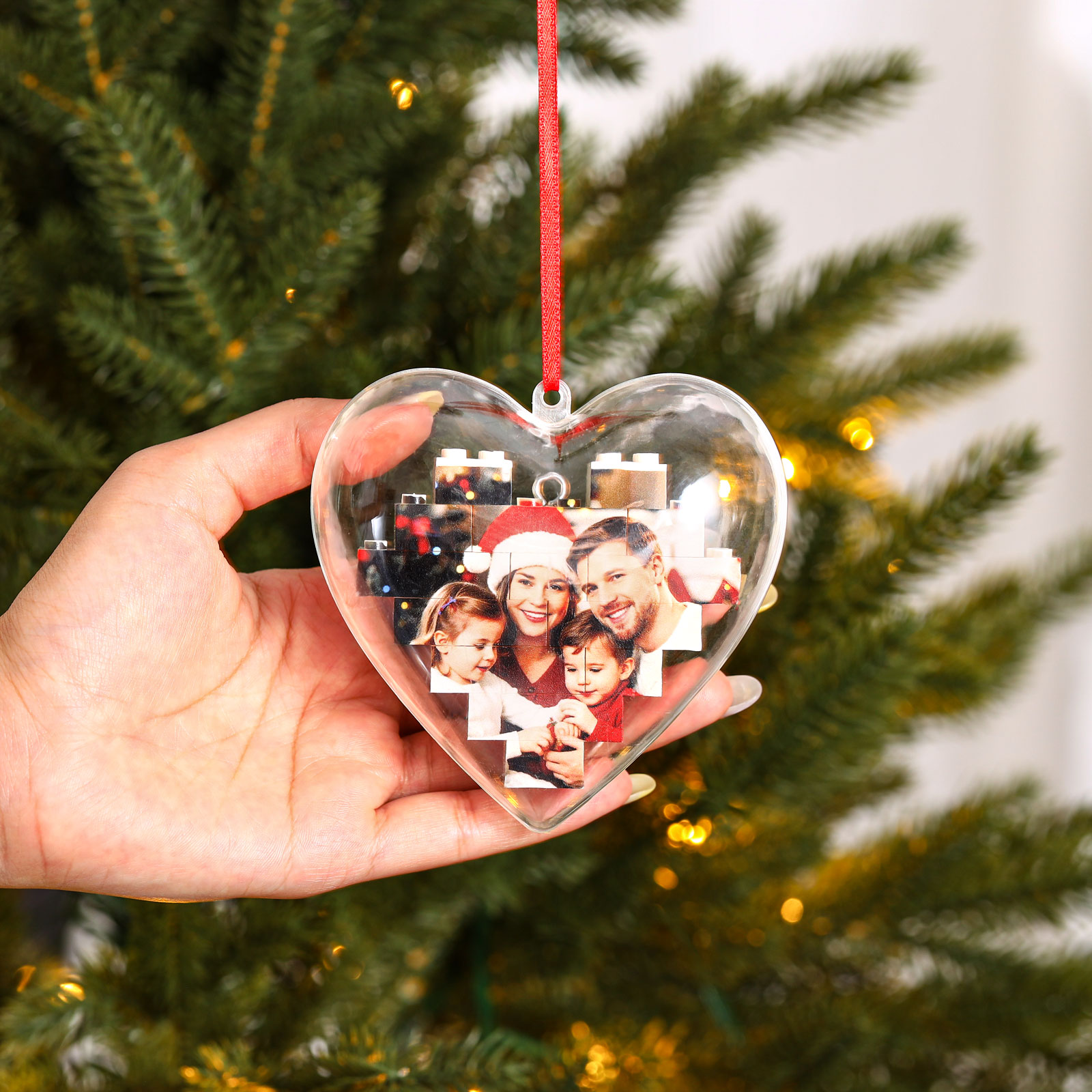 Personalized Photo Heart Christmas Blocks Bauble Ornament