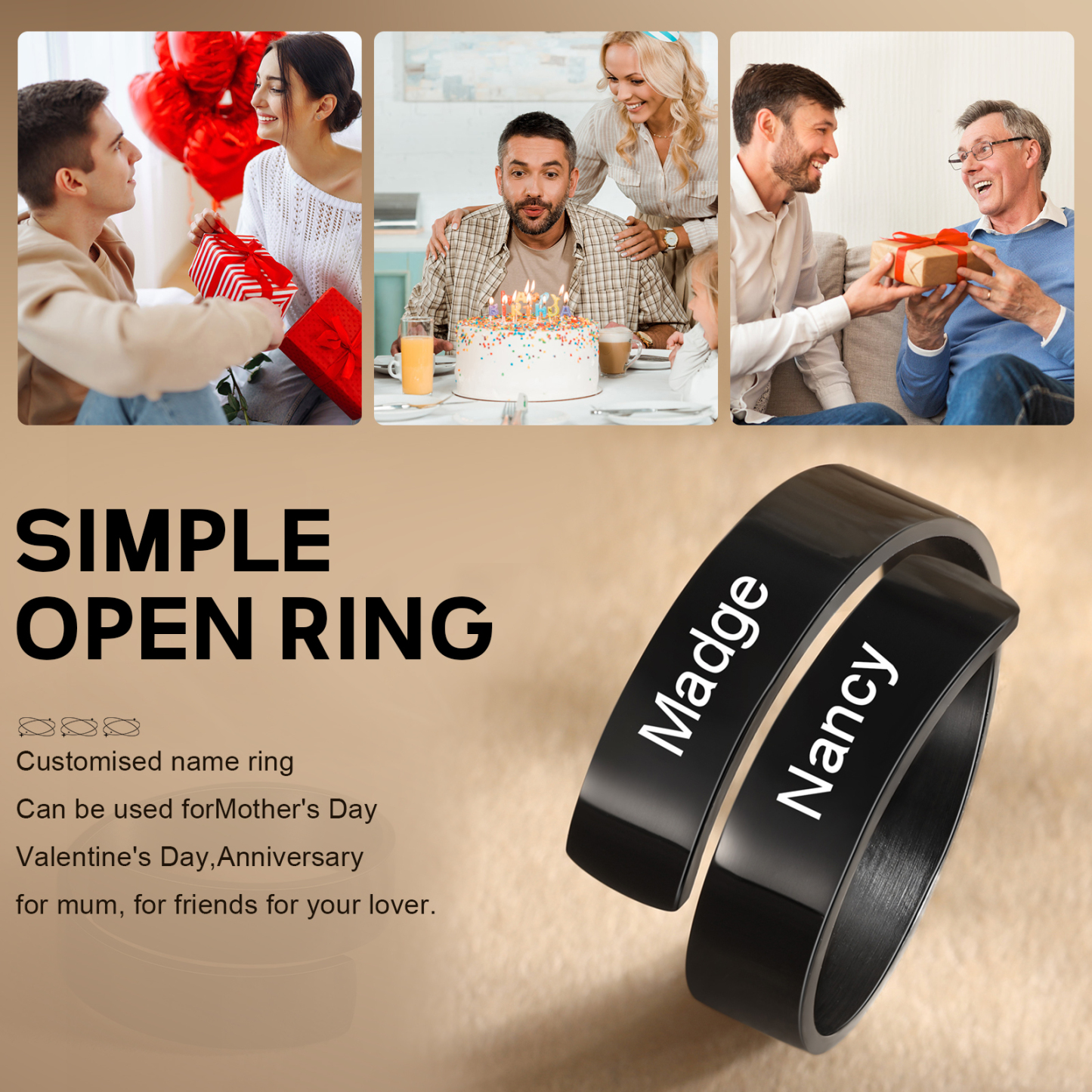 Personalized Open Ring Custom 2 Names Black Gift for Couple